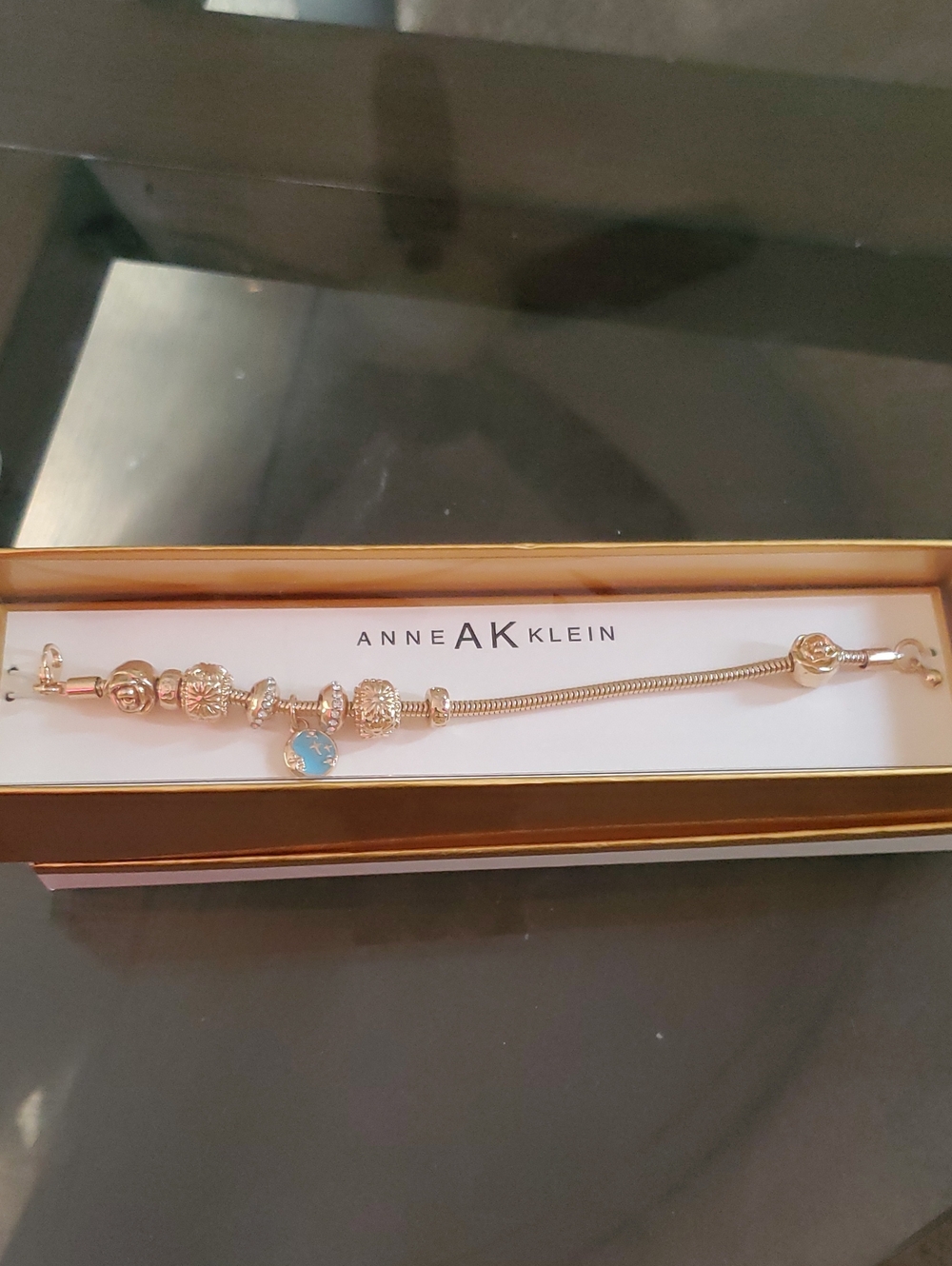 Anne Klein Rose Gold Charm Bracelet with Turquoise Accent